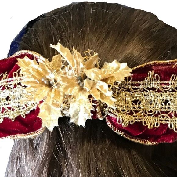 Velveteen Bow Barrette Gold Burgundy Vintage 1980s main image 10